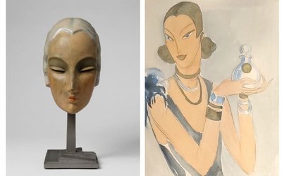 Links: Hutkopf Dodo, 1930, © KulturGut Mannheim, Sammlung Wolfgang Knapp Rechts: Mia Münster, Dame mit Parfümflakon, Modezeichnung, um 1930, Aquarell/Bleistift, Privatbesitz