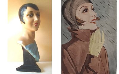 Links: Hutkopf Dodo, 1930, © KulturGut Mannheim, Sammlung Wolfgang Knapp Rechts: Mia Münster, Dame mit Parfümflakon, Modezeichnung, um 1930, Aquarell/Bleistift, Privatbesitz